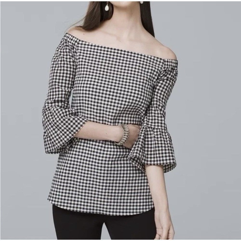 White‎ House Black Market Gingham Off-The-Shoulder Blouse Top Womens Large Boho